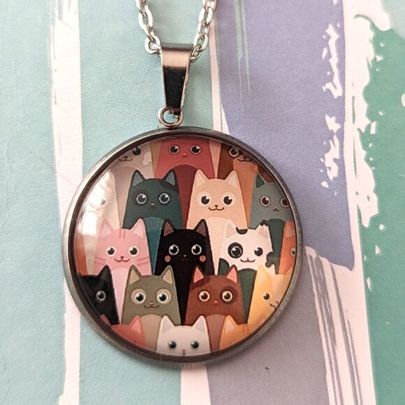 Cats Cartoon Theme Hand Crafted Stainless Steel Charm and Necklace - Picture 2 of 6
